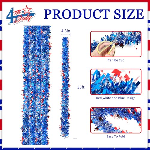 Image of 4th of July Patriotic Tinsel Garland Decoration 33FT, Red White and Blue Tinsel Garland with Shiny Star Metallic Garlands,Independence Day Memorial Day Decor for Home Indoor Outdoor