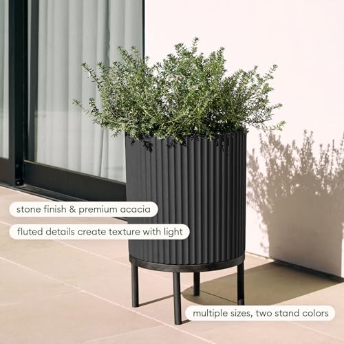 Image of Veradek Demi Series Round Planter w / Stand for Porch /Patio | Durable Plastic-Concrete & Wooden Stand | Modern Decor for Tall Plants, Flowers