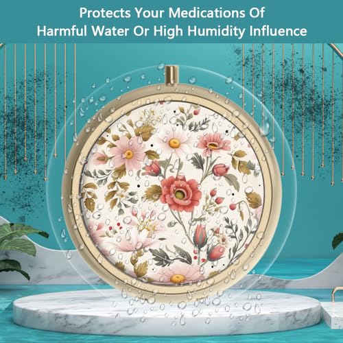 Image of Pill Organizer Pill Box with Mirror Retro Small Pill Case for Purse or Pocket Bronze Pill Box or Vitamins, Fish Oil, Supplements, Pill Containe Travel Gifts(2PCS-Retro Red Flowers)