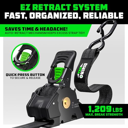 rhino usa retractable ratchet straps 4-pack - 1 inch x 10 feet 1209lb break strength - heavy duty auto self retracting tie down straps for truck cargo trailer motorcycle atv utv - black