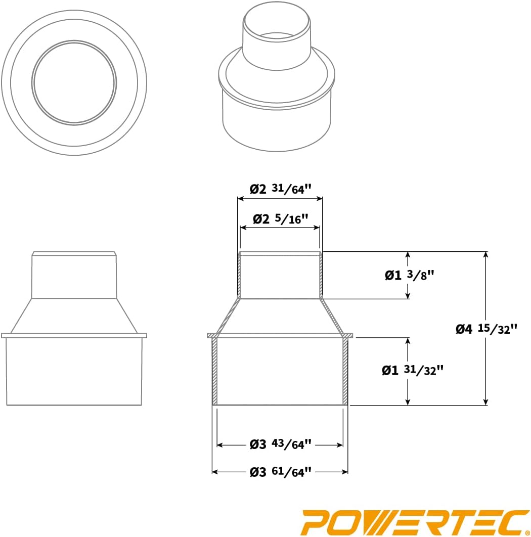 POWERTEC 4 Inch to 2-1/2 Inch Hose Cone Reducer w/Stainless Steel Key Clamps, Dust Collection Fittings for Dust Collection, Dryer Vent & Shop Vacuum Hose (70338-P2)