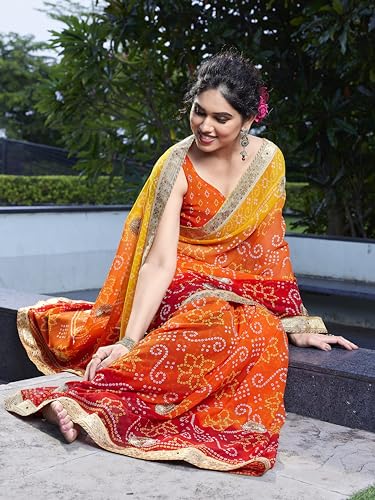 Image of MIRCHI FASHION Women Saree Georgette Traditional Bandhani | Ethnic Printed Sari for Social Gatherings with Unstitched Blouse Piece