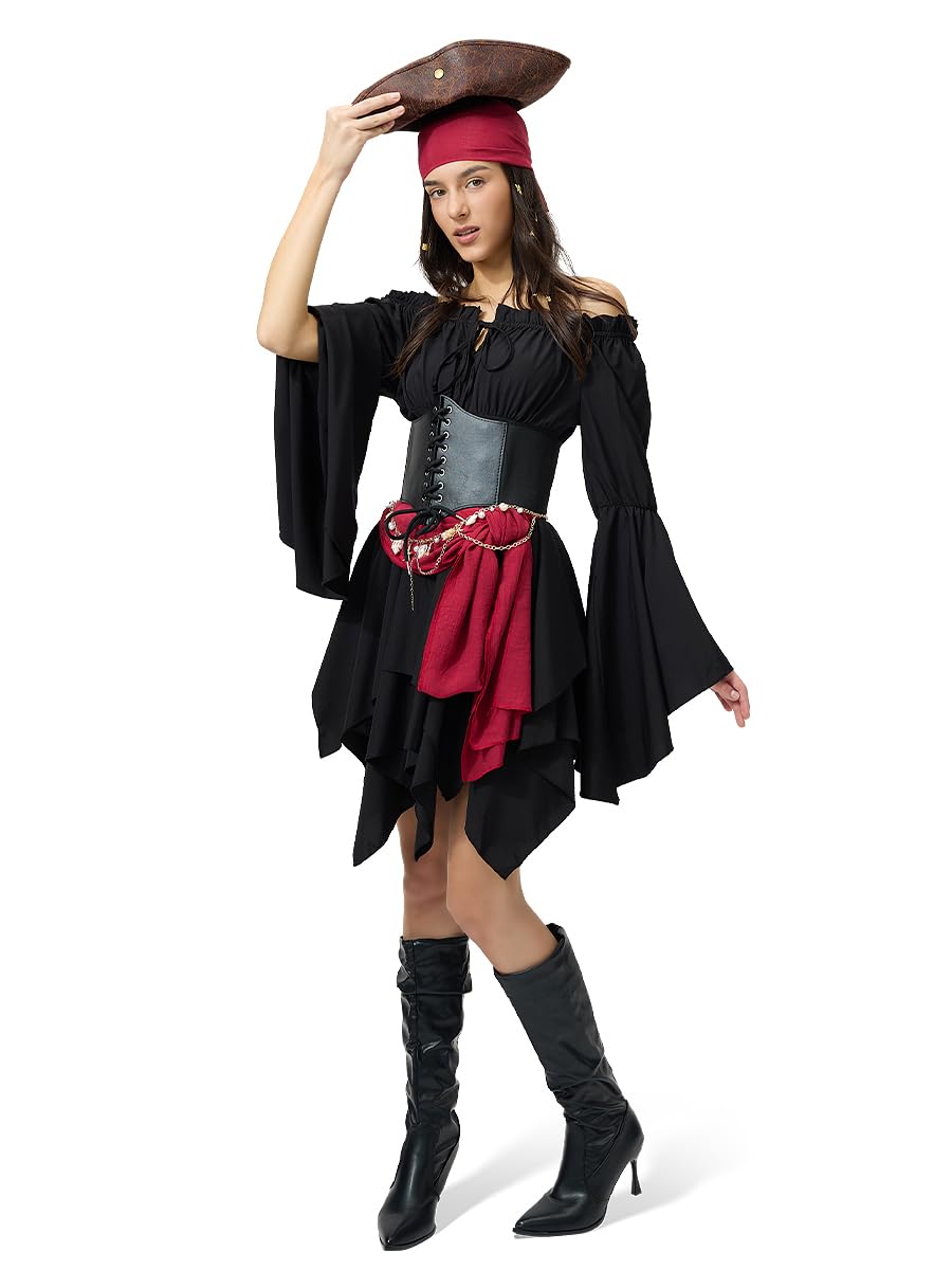 Costume pirate femme, robe à épaules dénudées avec corset, foulard & ceinture, chaîne de taille dorée coquillage + perles dreadlocks, déguisement carnaval adulte & soirée à thème