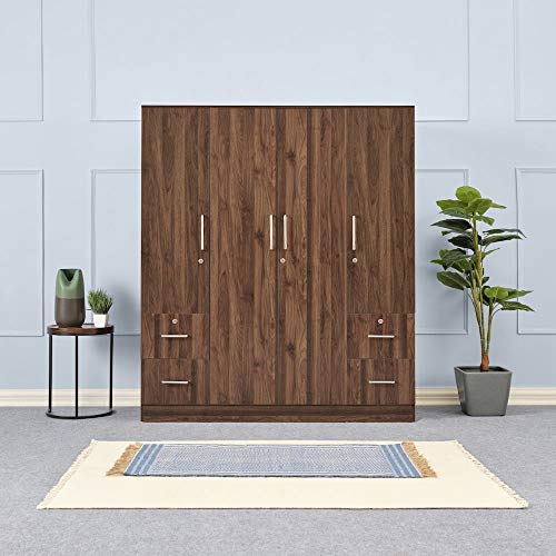 Image of Wakefit Wardrobe | 1 Year Warranty | Engineered Wood Almirah, Cupboard for Clothes Storage | 4 Door, 1 Drawer | Plaid - Columbian Walnut