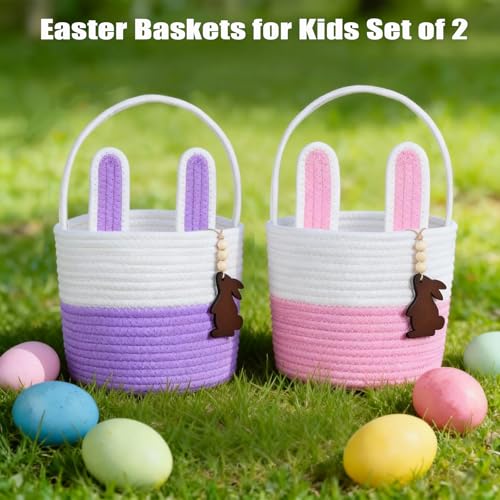 Image of Easter Basket Empty 2 PCS Bunny Woven Rope Easter Baskets for Kids Easter Hunt Baskets with Handle Bags Easter Gifts for Kids Toddlers Girls Boys Teens Set of 2 Pink and Purple