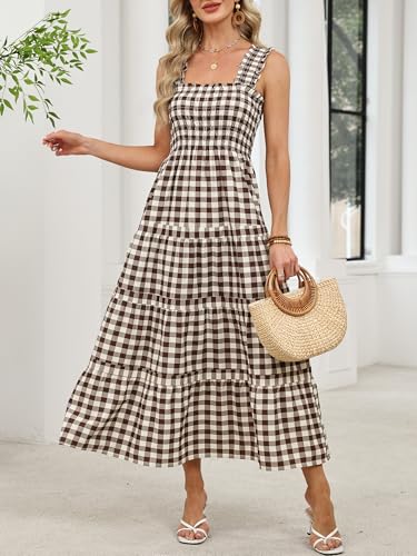 Image of Caracilia Womens Summer Maxi Dresses Floral Smocked Sleeveless Ruffle Boho Casual Flowy Aline Beach Vacation Long Sundress