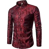  Sliktaa - Camisa Casual - con Botones - Manga Larga - para Hombre Rojo Granate S