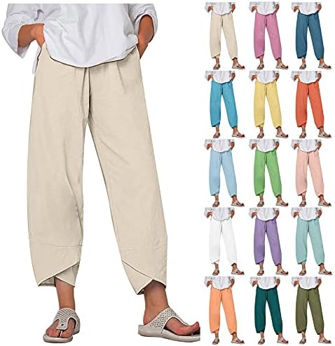 Leirke Capri Pants for Women Casual Summer Cotton Linen Pants Loose Elastic Waist Capris Trousers Wide Leg Cropped Pants(White,Large)