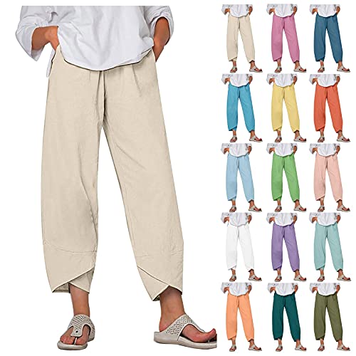 Leirke Capri Pants For Women Casual Summer Cotton Linen Pants Loose Elastic Waist Capris Trousers Wide Leg Cropped Pants(White,Large) #TOP3