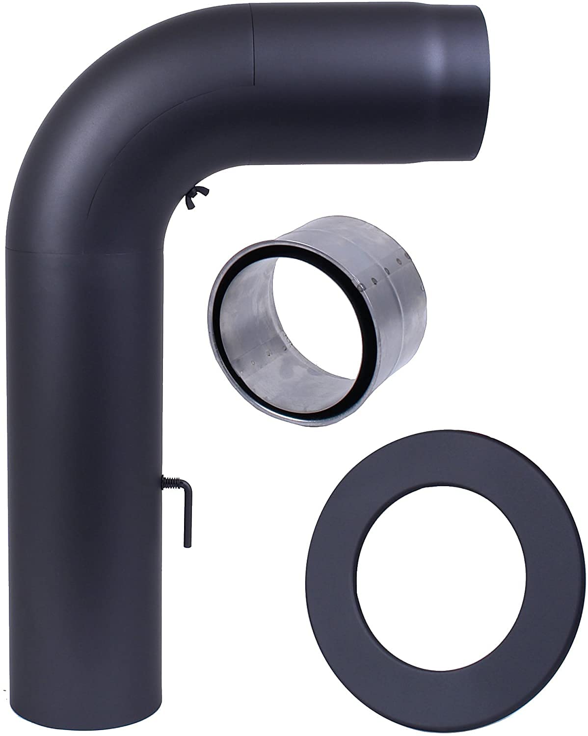Ofenrohr Fullform Bogenrohrset Ø150mm schwarz Höhe 700 mm, Tiefe 500 mm dreiteilig mit Wandfutter und Rosette Rand 5 cm AdoroSol Vertriebs GmbH