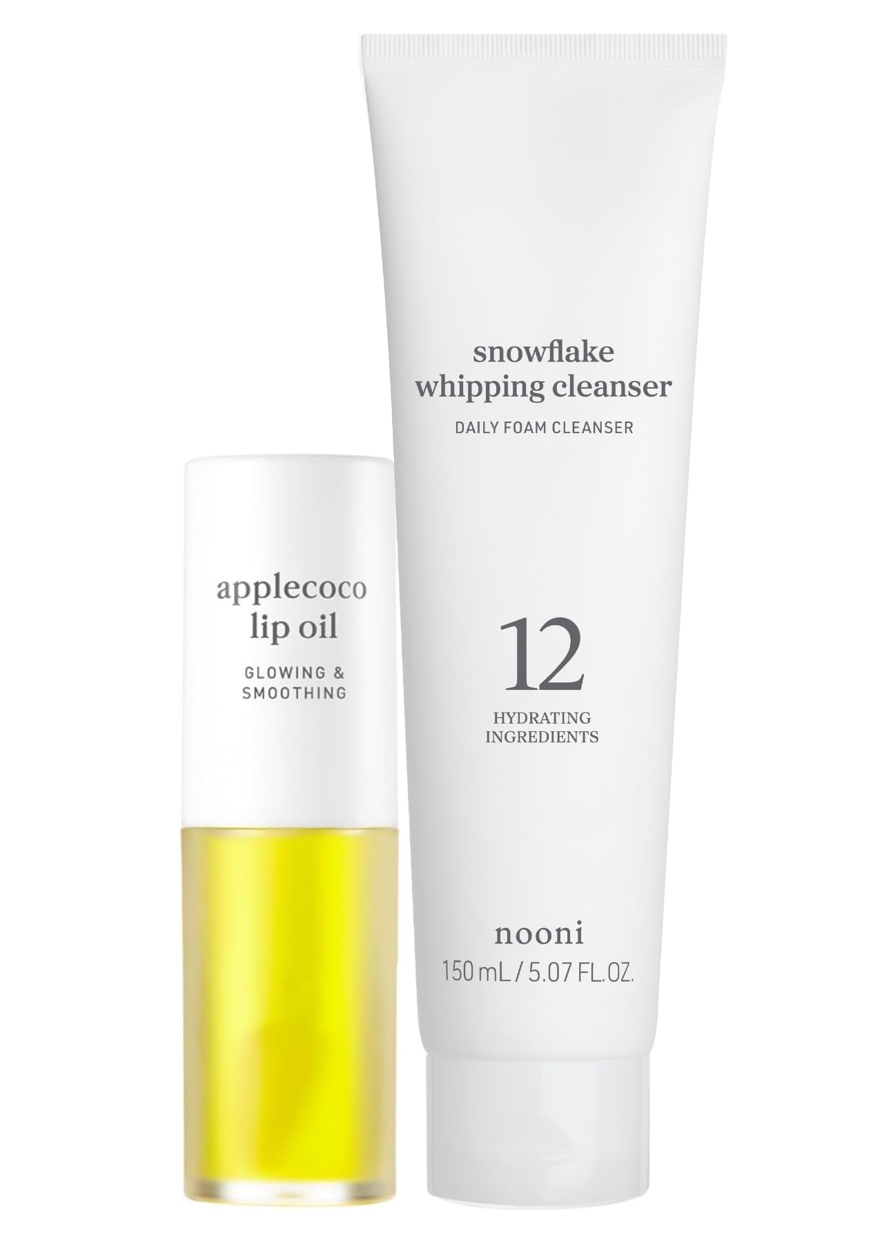 NOONI Korean Vegan Lip Oil - Applecoco 0.12 Fl Oz + Korean Facial Clenaser - Snowflake Whipping Cleanser 5.07 Fl Oz Bundle