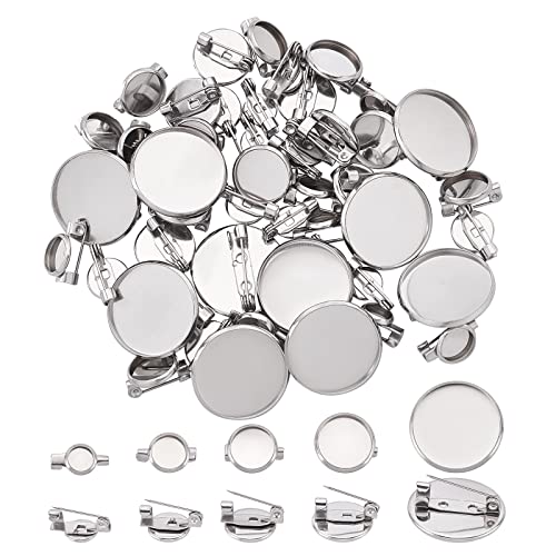 UNICRAFTALE 50pcs 5 Sizes 6/8/10/12/20mm Flat Round Brooch Pin Stainless Steel Brooch Bezel Trays Base Blank Brooch Tray for Jewelry Making Stainless Steel Color