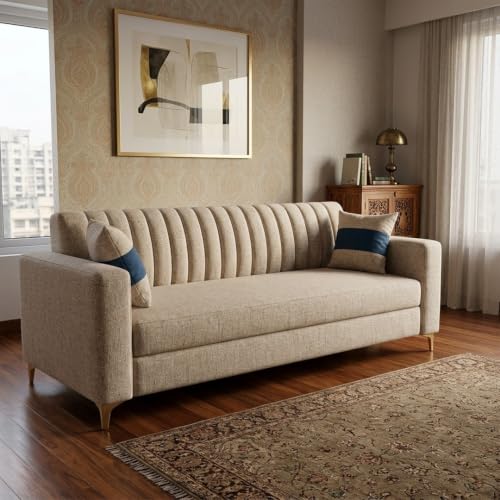 Image of FURNY Signature Regalia 3 Seater Sofa Set | Boucle Weave Fabric | 40D Foam + Zigzag Spring | 3-Yr Warranty (Sandstone Beige) | Modern Living Luxury Sofa Set for Home, Office & Hotel Spaces
