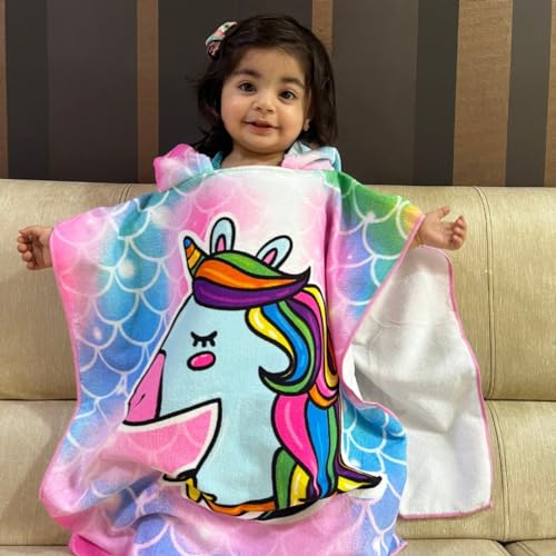 Image of Famyo Poncho Towel for Kids | Hooded Micro-Fiber Bath Towels | 60 x 60cm Toddler Pool Towel for Boys & Girls, 1-7 Years (Pink & Blue Unicorn)