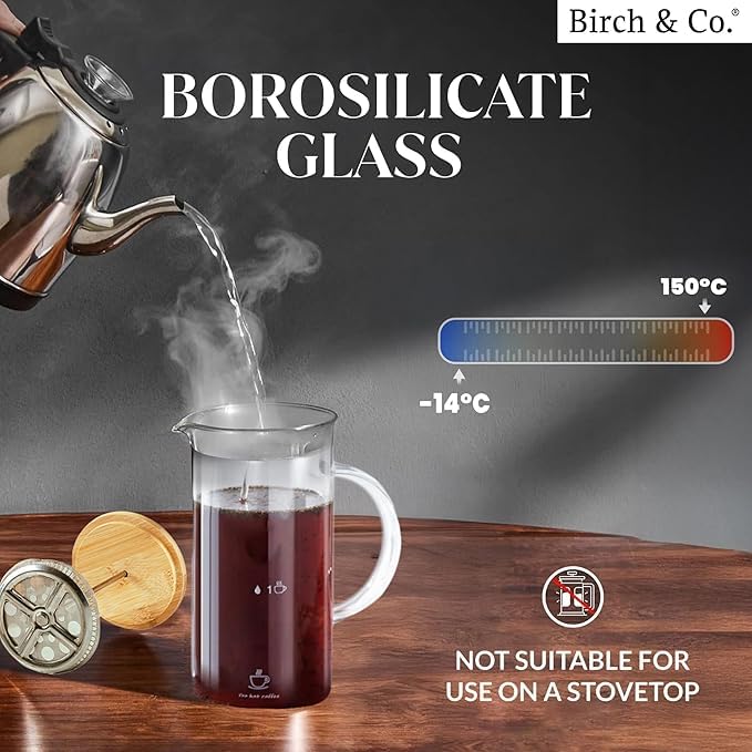 Image of French Press Coffee Maker 34 Ounce, Cold Brew Coffee Maker, Stainless Steel French Press Glass, Heat-resistant Thickened Borosilicate Glass, Eco-friendly Bamboo lid, Cork Base