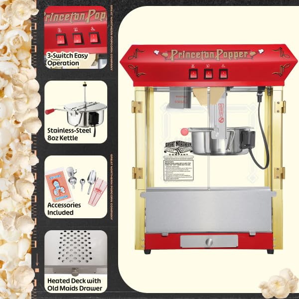 Princeton - Máquina de palomitas de maíz de 8 onzas con hervidor de acero inoxidable, bandeja de rechazo de granos, luz cálida y accesorios de Great Northern Popcorn (rojo)