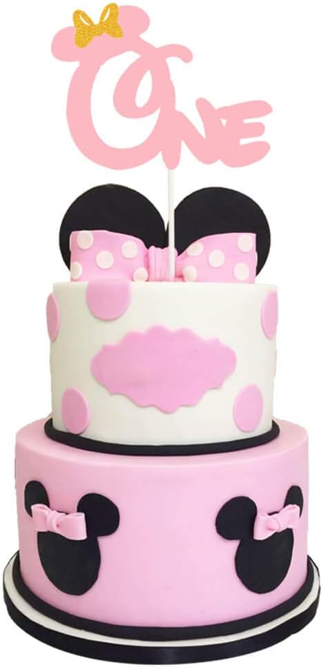 Minnie Mouse Cake Topper, Pink and Gold Glitter Minnie Mouse Theme Party Cake Decor, Minnie Mouse Baby Shower Party Supplies Decorations