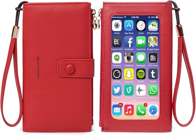Image of myfriday Touch Screen RFID Phone Crossbody Purse with 2 Straps for Women | Clear phone window, RFID card space, 11 slots and zip pockets support quick calls, errands, theme parks and travel