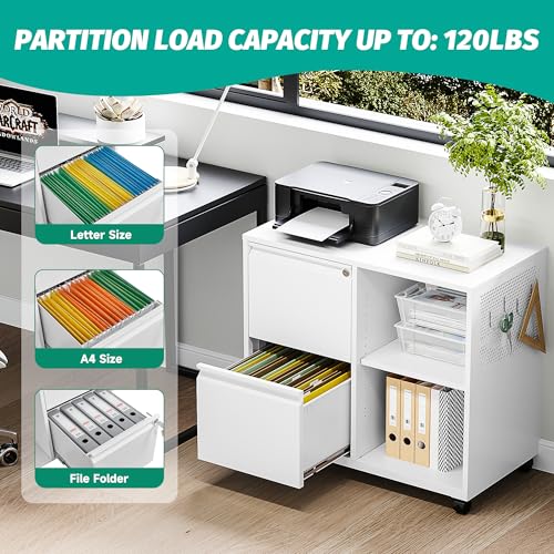 Image of SISESOL 2 Drawer File Cabinet with Lock and Shelf,Mobile Lateral Filing Cabinet,Metal File Organizer Cabinet with Open Storage Shelves for Home Office Fit Legal /Letter A4 Size