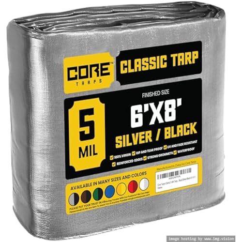 Core Tarps Classic 5 Mil Tarp Cover, Waterproof, UV Resistant, Rip and Tear Proof, Poly Tarpaulin with Reinforced Edges for Roof, Patio, Pool Cover, Boat (Silver/Black 6′ X 8′)