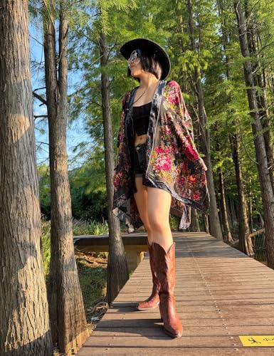 Image of Women's Burnout Velvet Kimono Long Cardigan Cover Up Casual Outfit