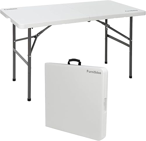FurniSdoo Mesa plegable blanca, plegable por la mitad, para picnic, fiesta, camping, barbacoas, con asa de transporte, mesa de plástico plegable