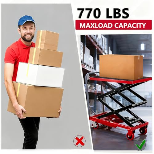 Image of GarveeTech Hydraulic Lift Table Cart, 770Lbs Load Capacity 59 Inch Lifting Height, Manual Double Scissor Lift Table with Non-Slip Pad and 4 Wheels,Hydraulic Scissor Cart (770lbs-Double-Red Black)