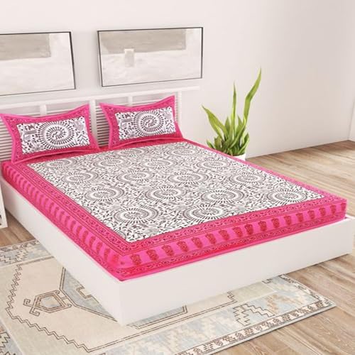 Queenie Bedsheet for Double Bed with 2 Pillow Covers| Cotton bedsheet | Soft & Light-Weight Double bedsheet Set of 1 | 210X240 cm | 180TC | Jaipuri Print | Ideal for Double Size bedsheet