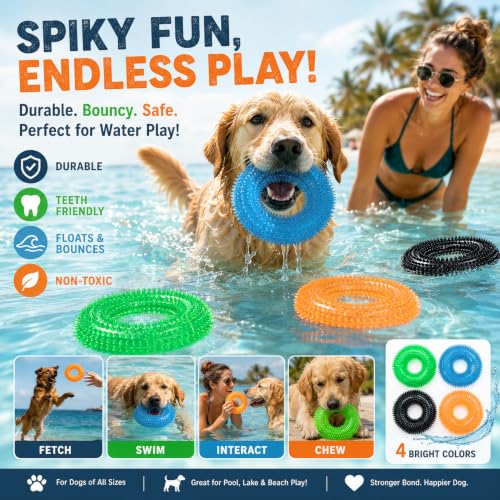 Image of Dog Chew Toys for Aggressive Chewers, Squeaky Floating Donut Rings, 4 Pack