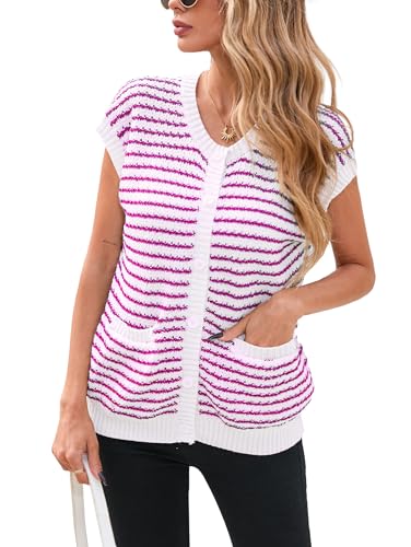 Famulily Womens Cap Sleeve Button Down Sweater Knit Top Summer Cute Striped Cardigan Sweaters with Patch Pockets