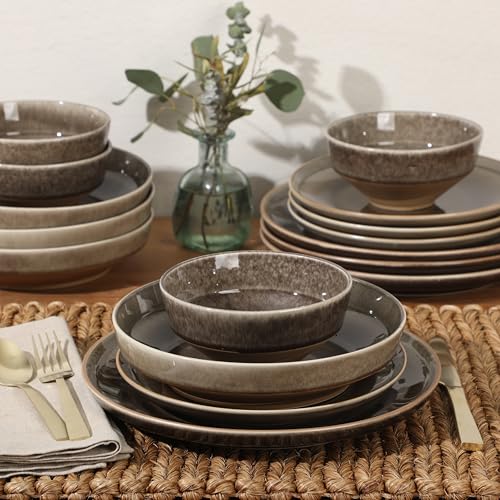 Image of Gibson Elite Hailstone 16 Piece Stoneware Reactive Glaze (Service for 4) Ceramic Plates and Bowls Dinnerware Set - Black