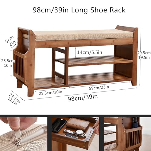 Banc à chaussures en bambou compact avec coussin et tiroir de rangement - 3
