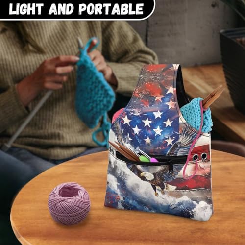 Image of ZUXONGSY American Flag Knitting Tote Bag for July 4th 2026 America250 Yarn Storage Bag for Crocheting Small Crochet Organizers and Storage Patriotic Eagle