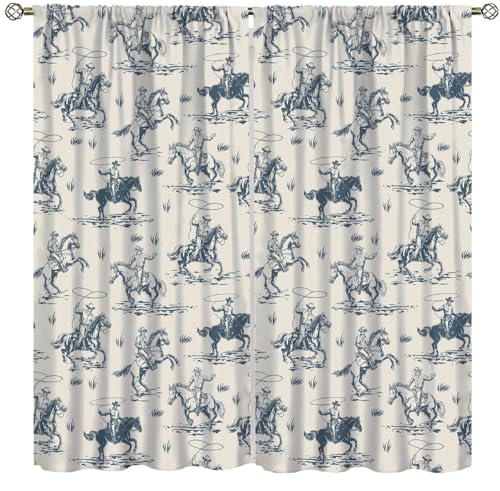 Image of Vintage West Cowboy Curtains Wild West Cowboy Ride Horse and Desert Cactus Pattern Curtains with Rod Pocket for Bedroom Living Room Kitchen Window Drapes Set 2 Panels,42x63 Inches