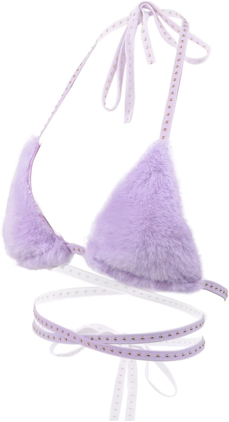 Women Furry Bra Top Deep V Sexy Strappy Halter Crop Top Bikini Backless Crop Tank Top Rave Party Dance Hot Clubwear - Image 4