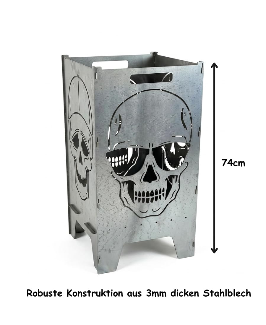 Lehnert Feuertonne Totenkopf Sonnenbrille Cap 74 cm aus 3 mm Stahlblech Feuerkorb Feuerschale Feuerstelle mit 2 Totenkopf Motiven, große Massive und Feuerfeste Feuerstelle für Garten und Terrasse