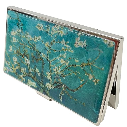Image of Mother of Pearl Business Card Case Credit Id Name Holder Travel Wallet Art Painting Design Metal Stainless Steel Engraved Slim Purse Pocket Cash Money Wallet (Almond Blossom)