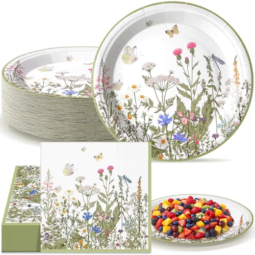 Image of Qinyoung 100 Pcs Floral Tea Party Plates and Napkins Sets Wildflower Party Supplies Floral Paper Plates and Napkins Disposable Spring Themed Baby Shower Tableware for Summer Wedding, Serve 50 Guests