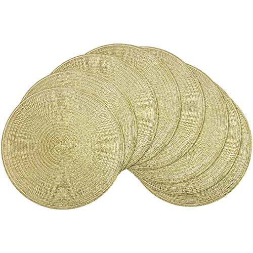 Image of SHACOS Glitter Gold Round Braided Placemats Set of 8 Sparkle Washable 15 inch Round Table Mats Woven Place Mats for Christmas Party Dining Table (Gold, 8)