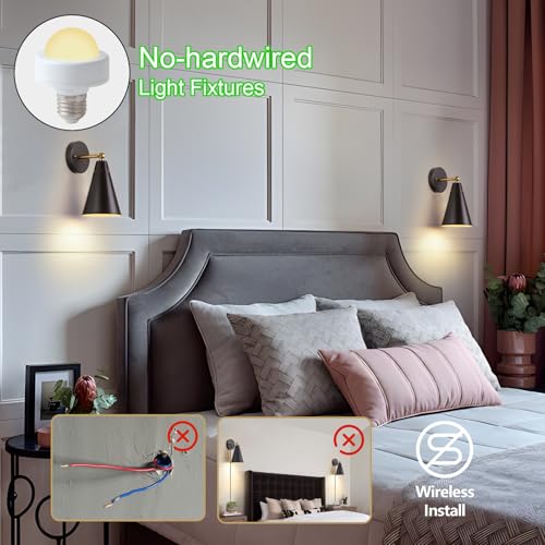 Image of MWZ Black Rechargeable Wall Sconce Set of 2,Wireless Battery Operated Sconces Lighting with Remote Control, Modern Dimmable 12 RGB Color Temperatures Adjustable Angle Lamp with Cone Metal Shade