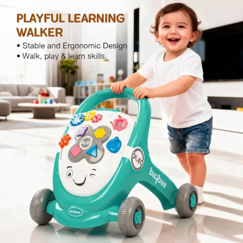 Image of Baybee Oleo Baby Walker for 6-18 Months | Activity Push Walker with Music & LED Lights | Stable Wheels, Easy Grip Handle | Educational Walker for Boys & Girls 0-2 Years (Green)