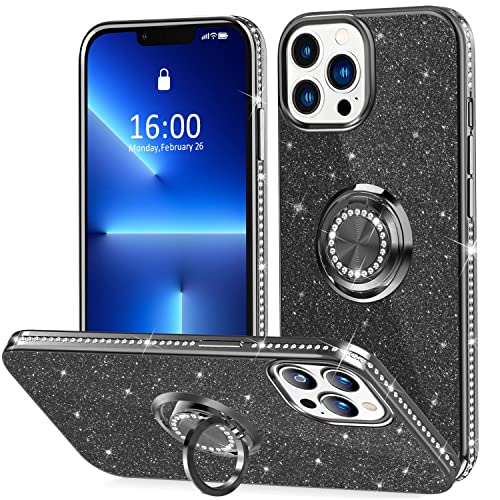 Thomo Compatible with iPhone 13 Pro Max Case,[Bling Kickstand] Cute Glitter Slim Bumper Diamond Cover Ring Holder Full-Body Protective Phone Case for iPhone 13 Pro Max Women Girls -Black