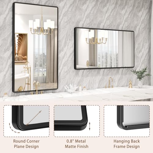 New Upgrade Bathroom Mirror, 55X30 Inch Black Metal Frame Wall Mounted Rounded Rectangle Bathroom Vanity Mirror with Tempered Glass for Washroom Bedroom Living Room
