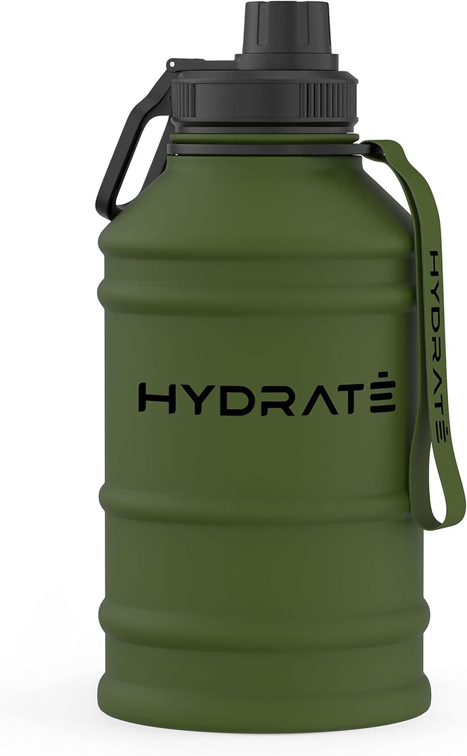 HYDRATE Stainless Steel 2.2 Litre Water Bottle - Black - BPA-free Metal Gym Water Bottle - Convenient Stainless Steel Water Bottle, Hiking Water Bottle, Nylon Carrying Strap and Leak-Proof Screw Cap