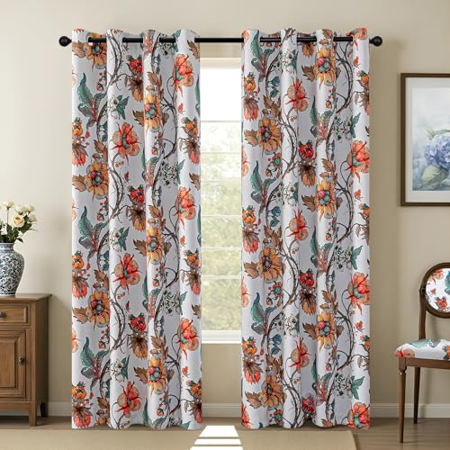 Image of MYSKY HOME Floral 95% Blackout Curtains 90 Inch Long Bedroom Black Out Thermal Insulated Privacy Protect Curtain Flower Patterned Fancy Cottage Core Grommet Drapes, Pack-2, Greyish White