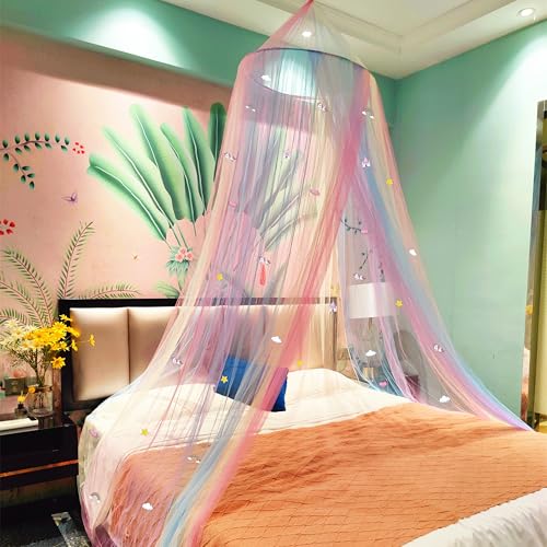Image of Rainbow Bed Canopy Mosquito Net, Princess Bed Canopy for Girls Room Decor or Unicorn Theme Party(Rainbow,with Unicorn Castle Glow in the Dark)