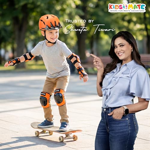 Image of Kidsmate Sports Protective Gear Set for Boys & Girls | Kids Safety Guard Contains Helmet, Knee Pads, Elbow Pads & Wrist Guards | Ages 3-14 Years, Ideal for Cycling, Skateboarding & Scooters (Orange)