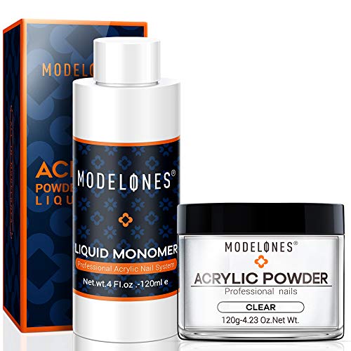 Modelones Acrylic Powder with Professional Liquid Monomer Nail Art Powder for Nail Extension 4oz Acrylic Powder & 4oz Monomer No Nail Lamp Needed, MMA Free Monomer