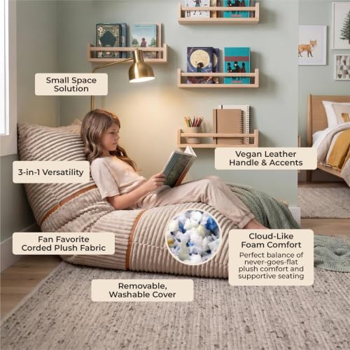 Image of Big Joe Turnabout 3-in-1 Convertible Kids Bean Bag Chair, Vanilla Latte