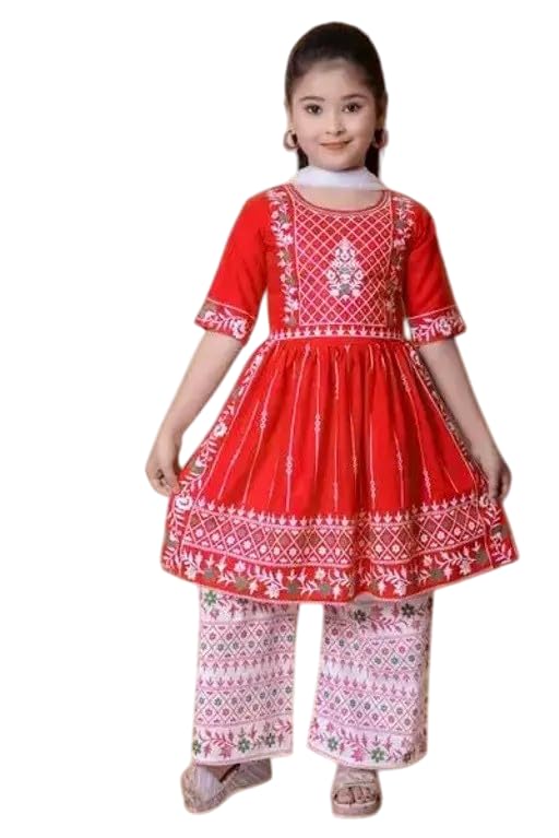 Image of Girls Traditional Embroidered Kurta Palazzo Set, Green and White, Floral Design, Half Sleeves